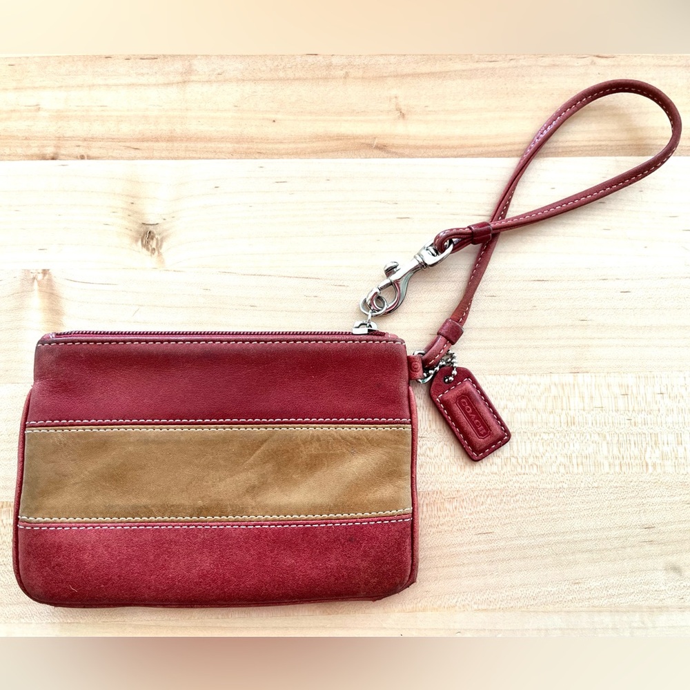 Coach Red and Tan Suede Wristlet Clutch